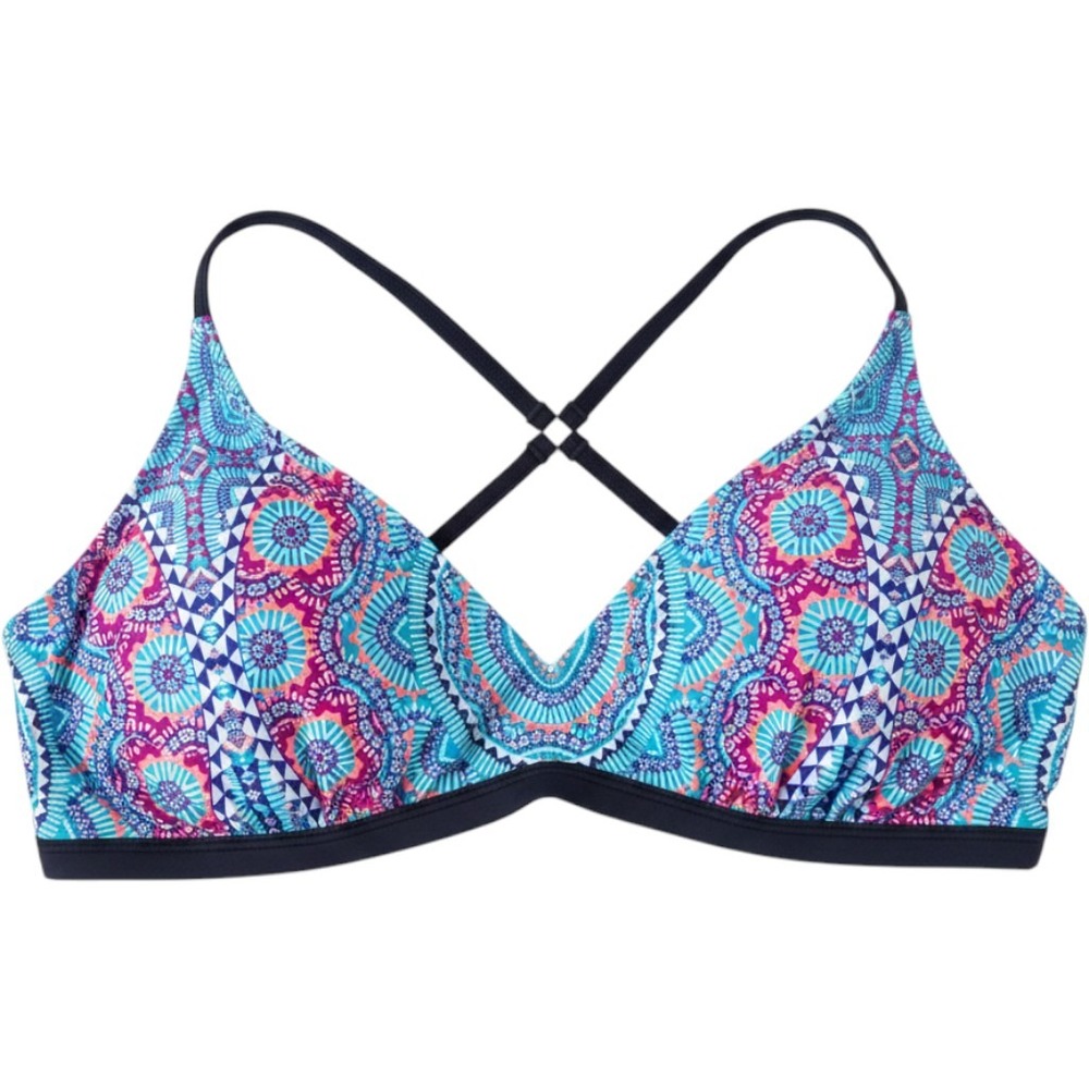 Athleta Fiji bikini top blue pink geometric print cross-back‎ design NWT 38D/DD